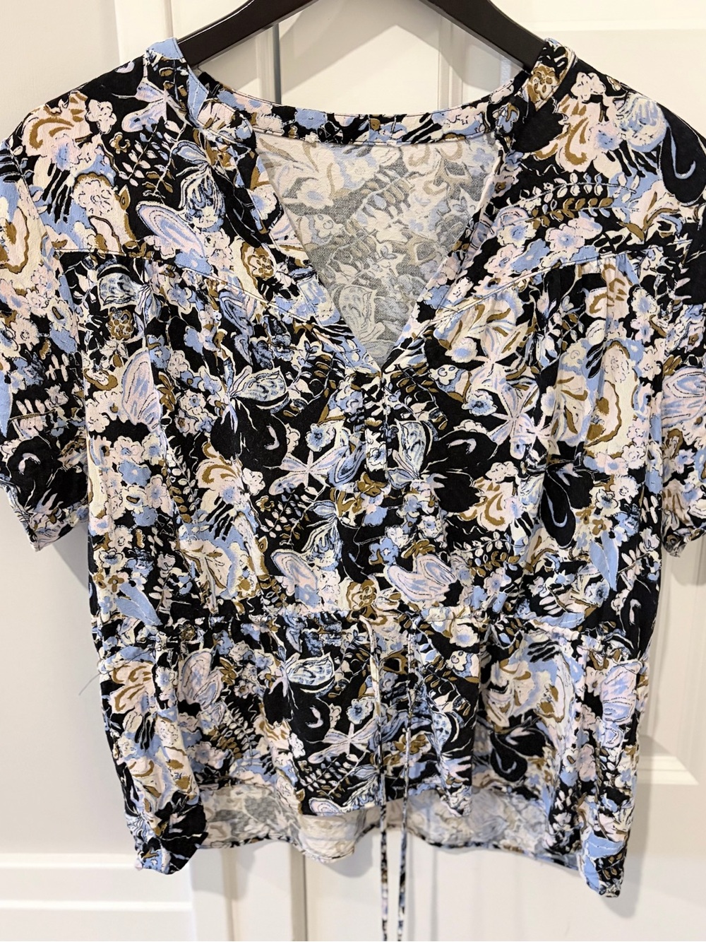 Nordstrom Black Floral V-Neck Drawstring Blouse with Light Blue & Cream Accents